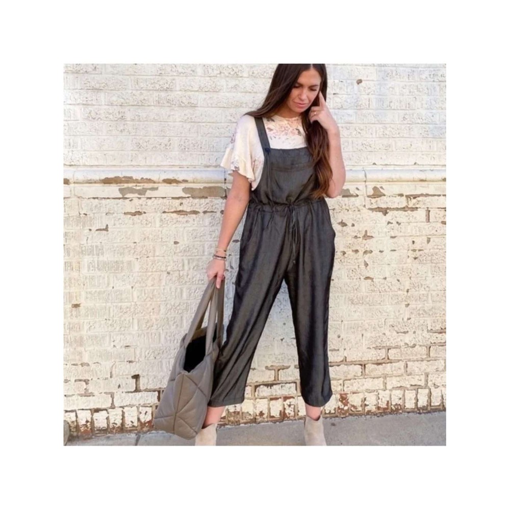 LuLaRoe Juliet Overalls Women Medium Gray Textured Drawstring Casual Jumpsuit